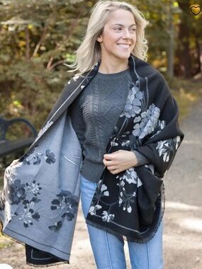 SAACHI Black and Gray Reversible Floral Wrap Scarf